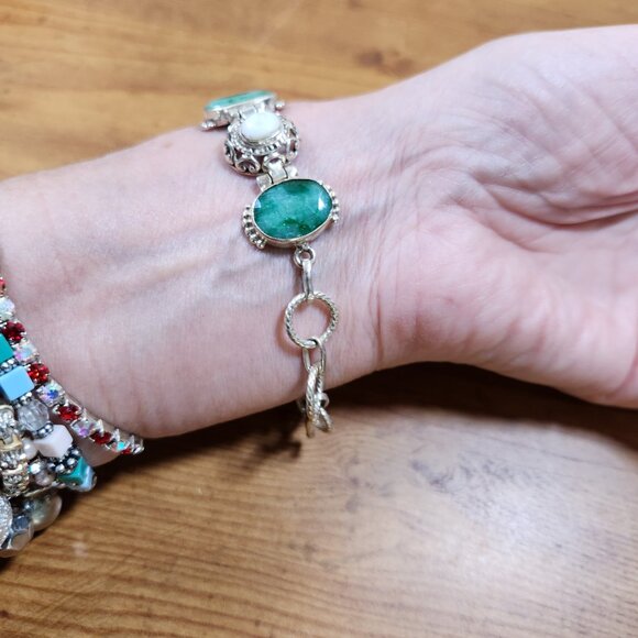 Vintage Raw Emerald & White Agate Bracelet Set in 925 Sterling Silver - Picture 3 of 5